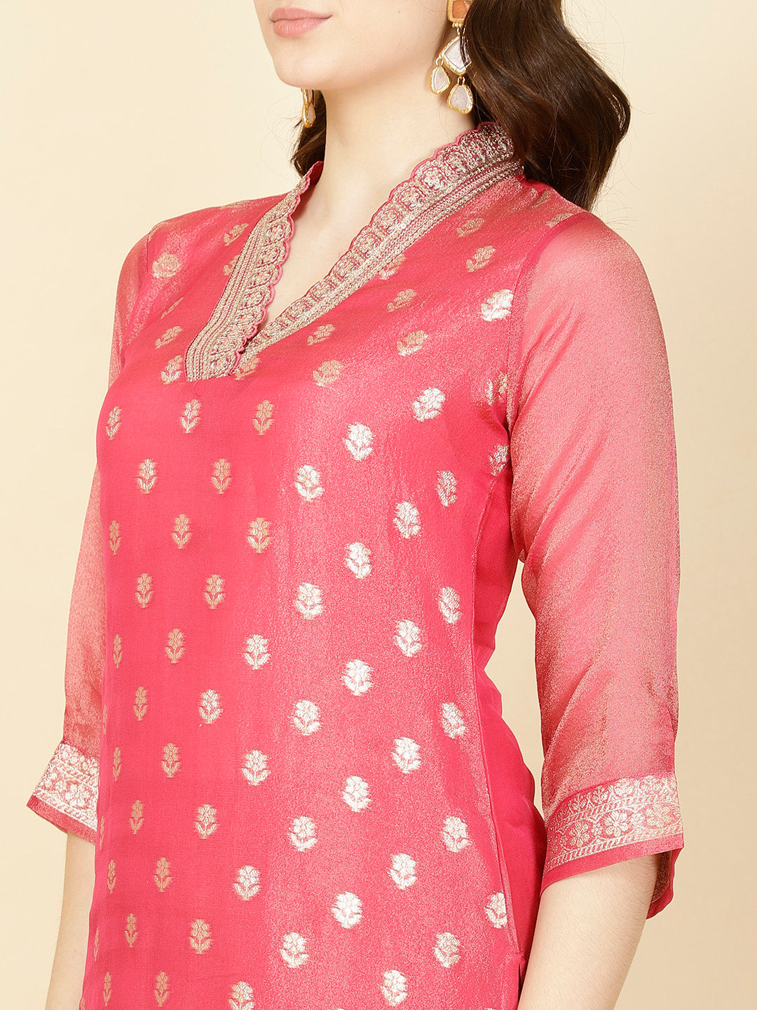 Floral Woven Tissue Kurta With Pants &amp; Dupatta