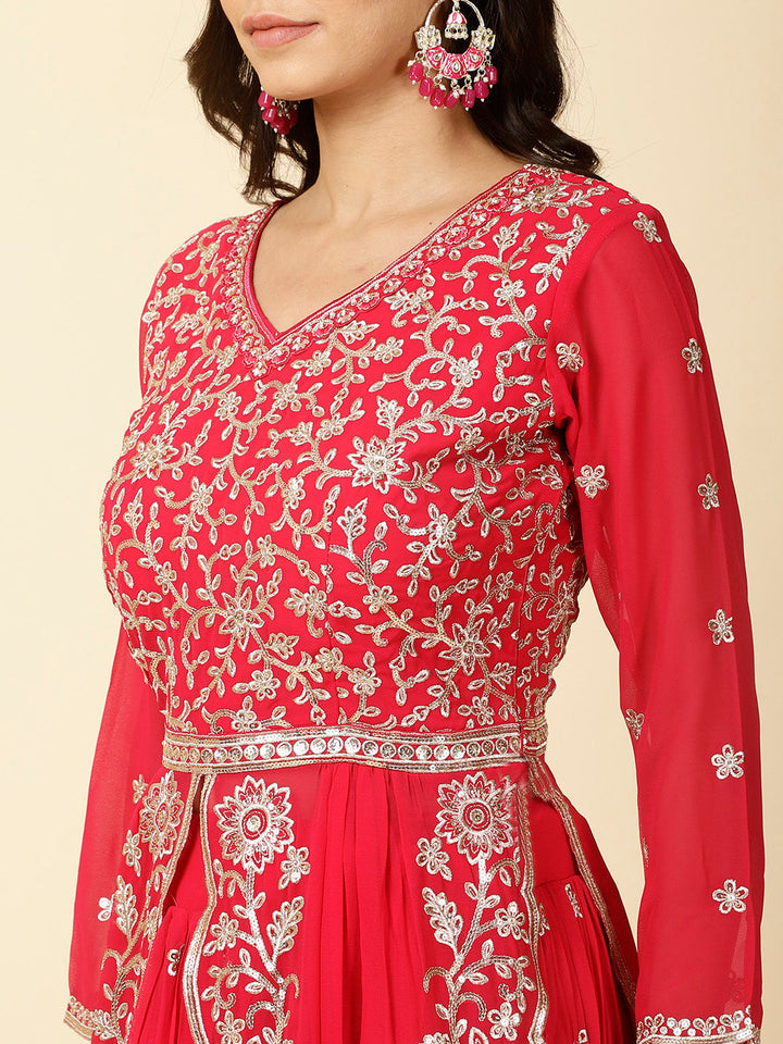 Resham Embroidery Georgette Kurta With Lehenga &amp; Dupatta