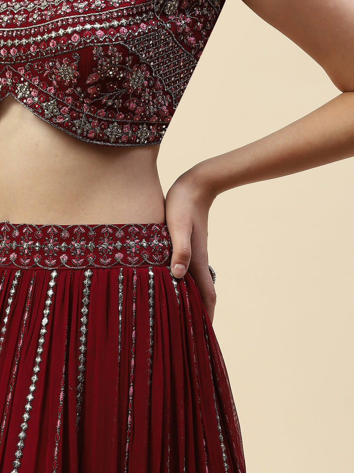 Resham Embroidered Georgette Choli With Lehenga &amp; Net Dupatta