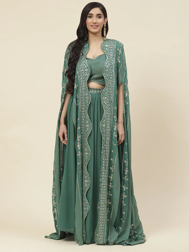 Sequin Embroidered Georgette Lehenga Choli With Dupatta &amp; Jacket