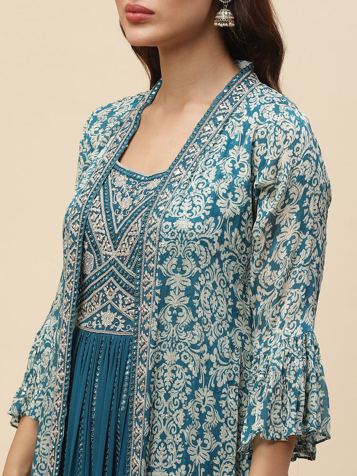 Neck Embroidered Georgette Gown With Jacket &amp; Dupatta
