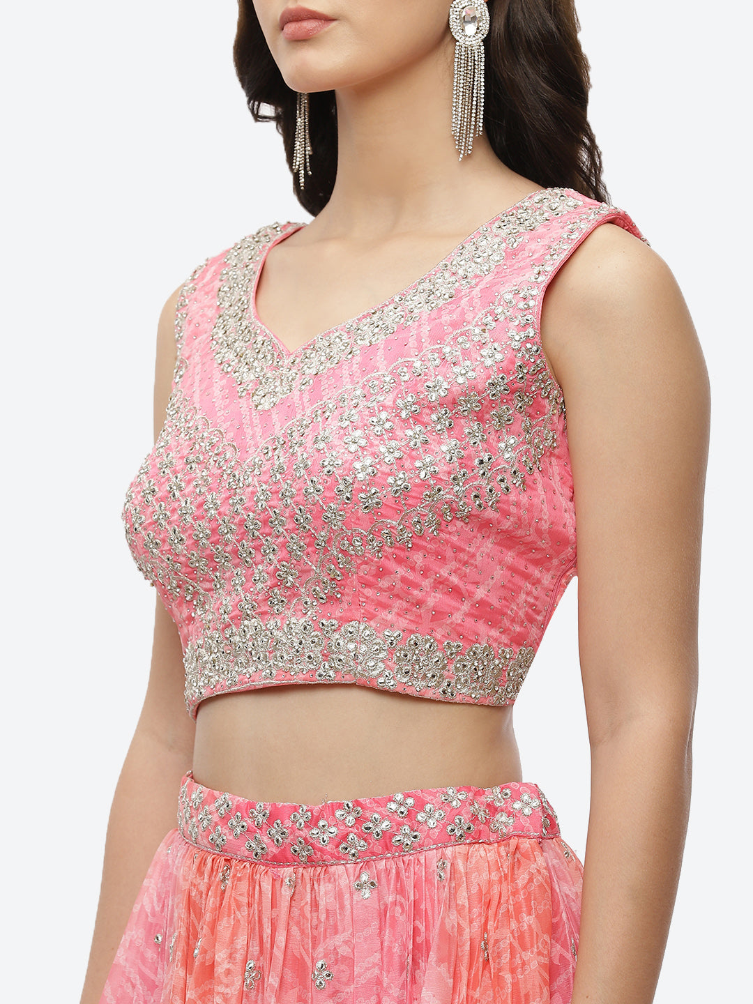Zari Booti Embroidered Crepe Choli With Lehenga &amp; Net Dupatta