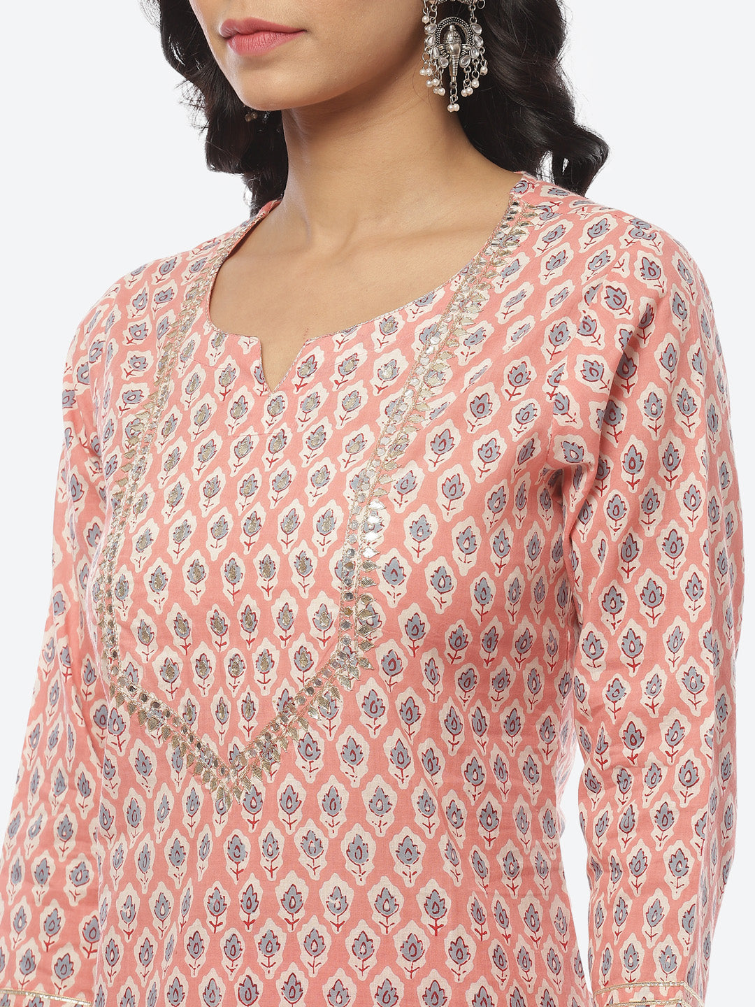 Printed Gota Neck Cotton Kurti With Pant