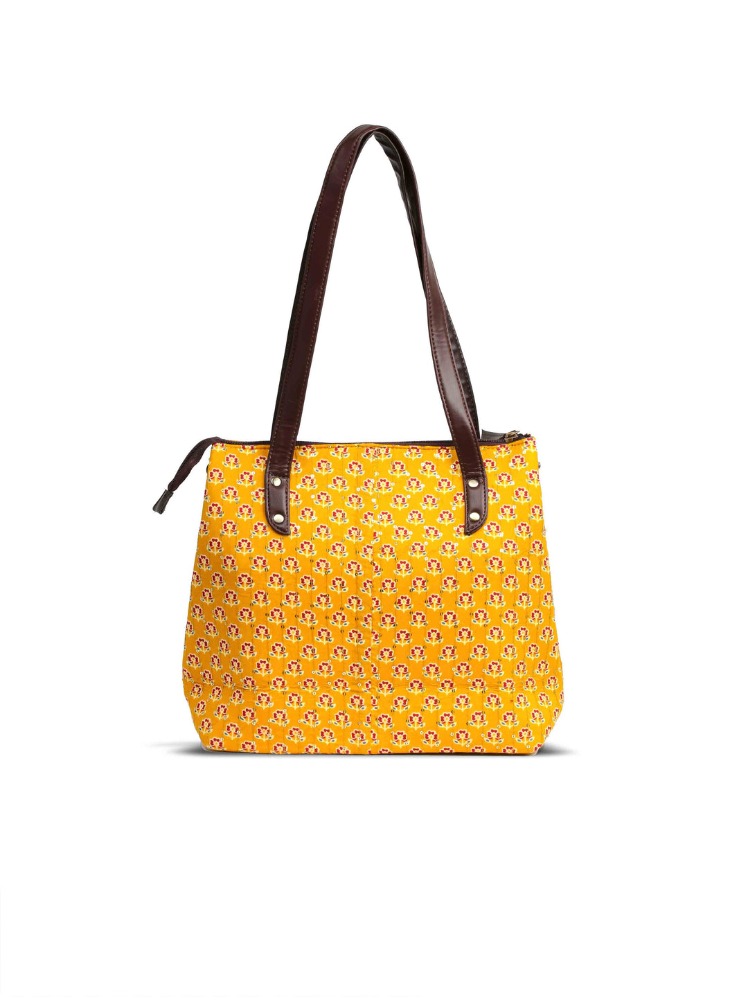 Mustard &amp; Maroon Printed Cotton Handbag With Pouch