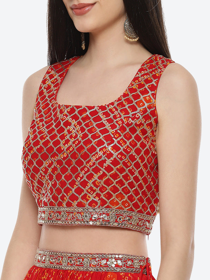 Bandhej Printed Georgette Lehenga With Choli and Net Dupatta