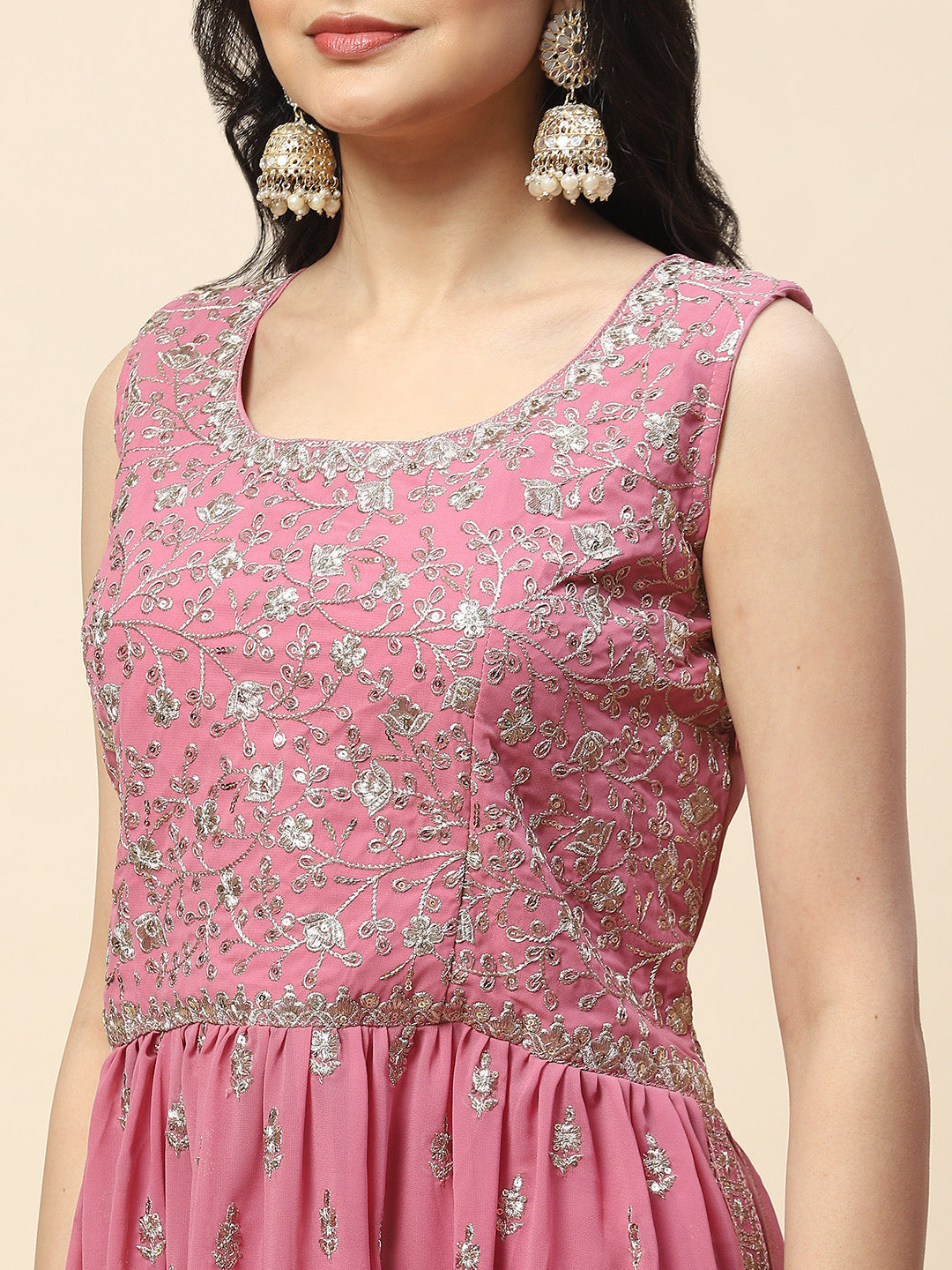 Zari Booti Embroidered Georgette Kurta With Palazzo &amp; Dupatta