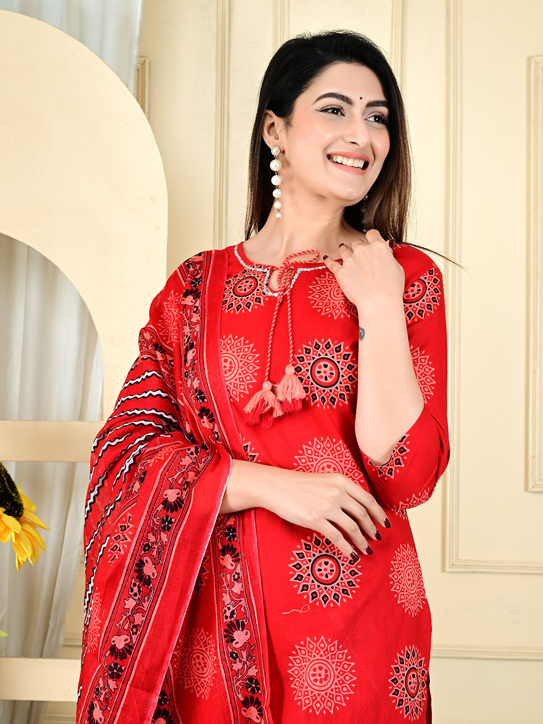 Printed Cotton Blend Kurta With Pants &amp; Dupatta