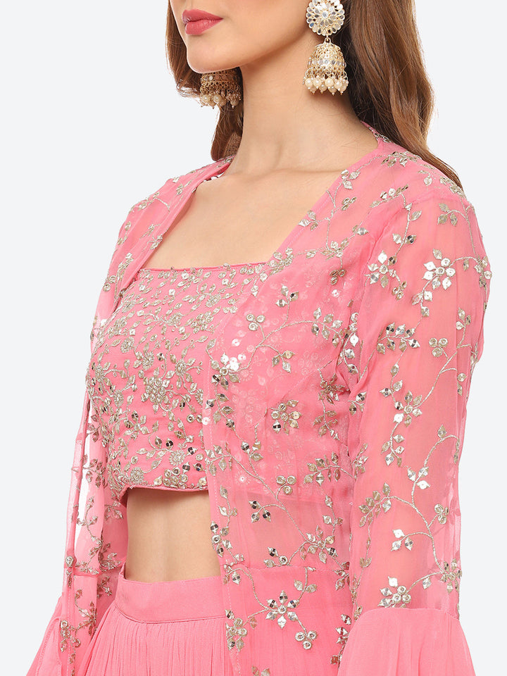 Zari Embroidered Booti Georgette Crop Top With Sharara &amp; Jacket