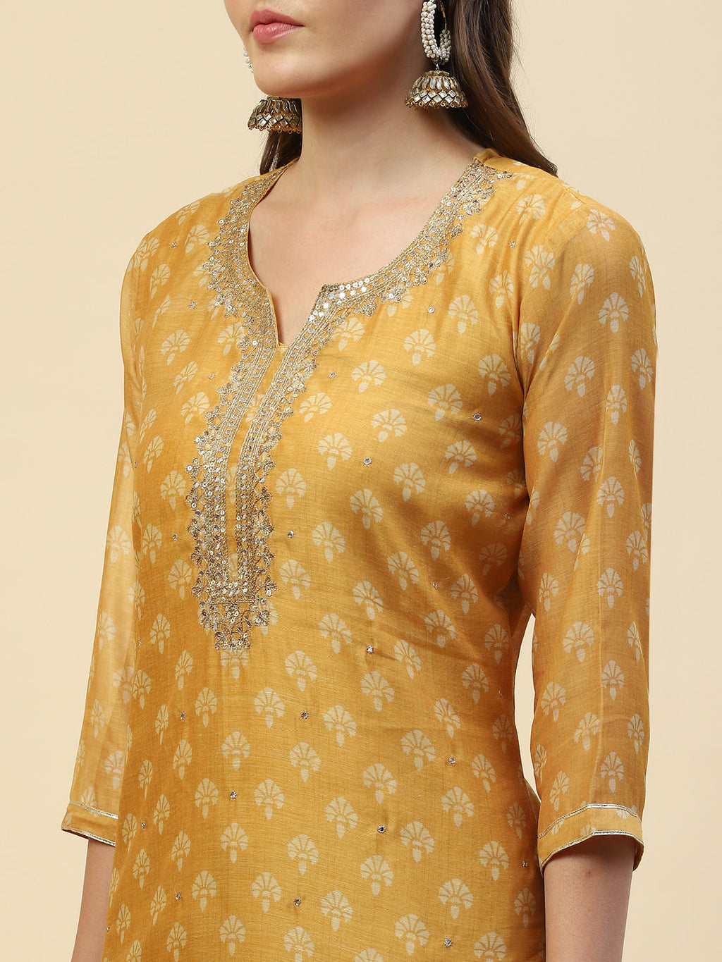 Neck Embroidered Chanderi Kurta With Pants