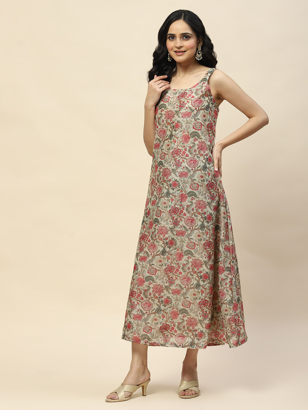 Floral Printed Cotton Gown Dress With Jacket