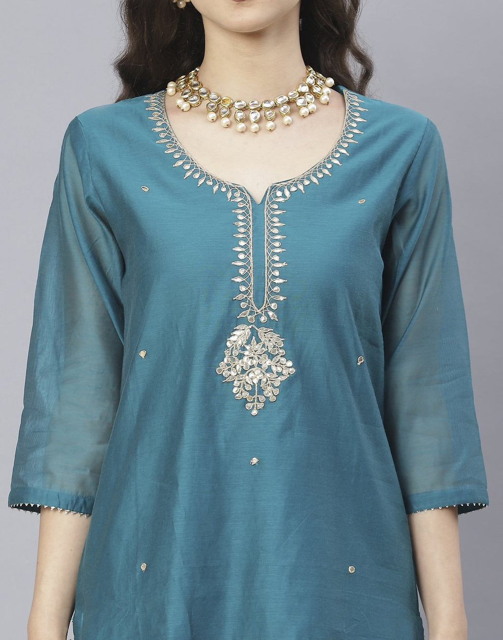 Lake Blue and Maroon Cotton Chanderi Salwar Kameez