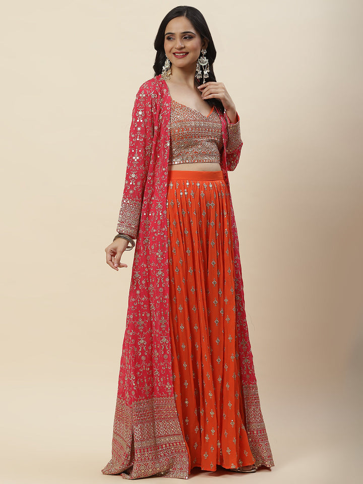 Zari Sequin Embroidered Georgette Crop Top With Palazzo &amp; Jacket