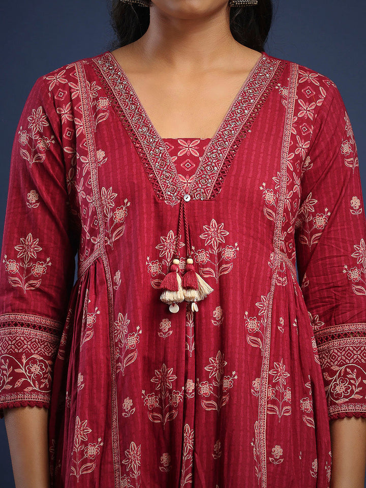 Wine Cotton Blend Printed Straight Suit Set