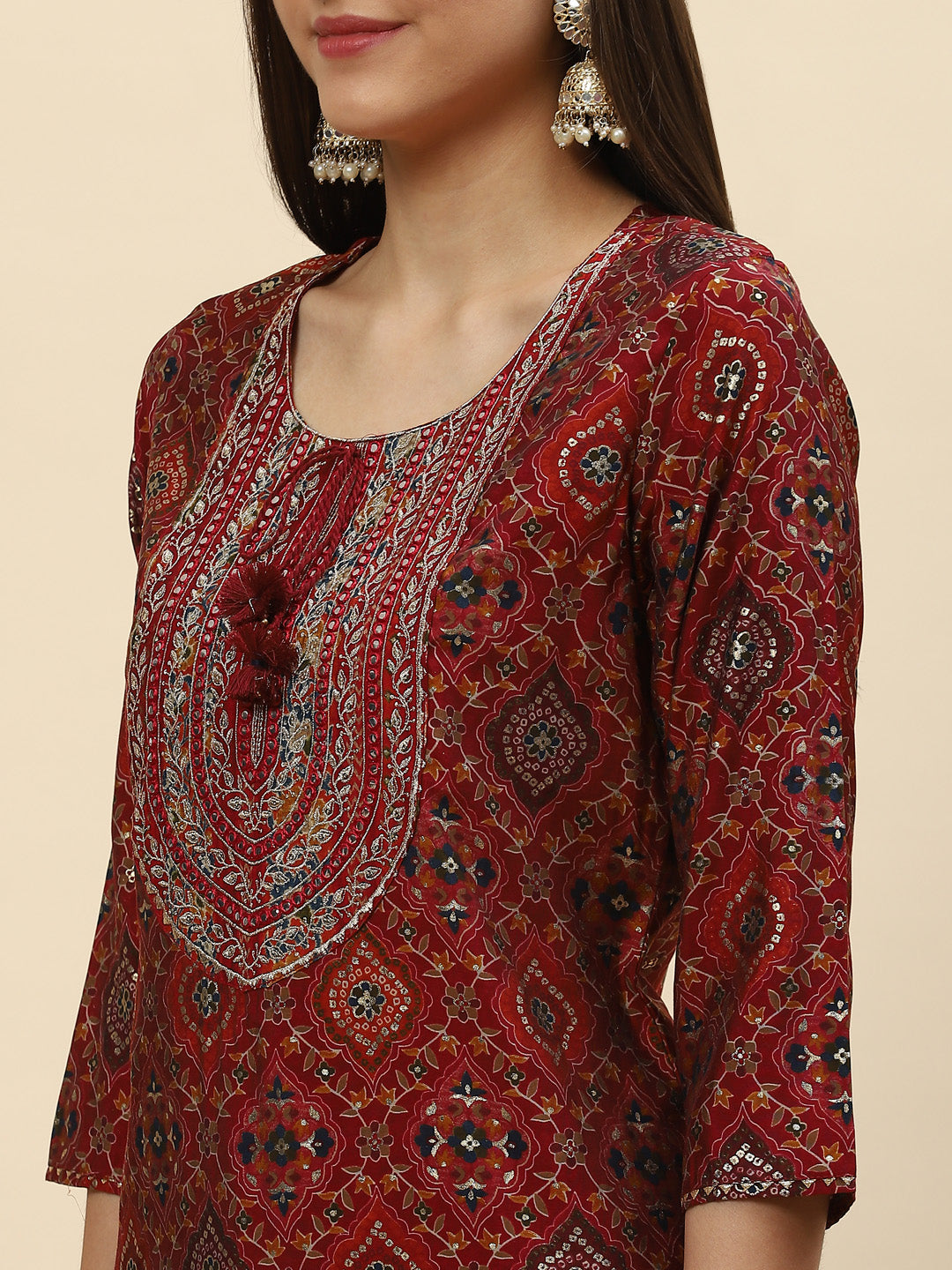 Zari Neck Embroidered &amp; Printed Muslin Kurta With Pants