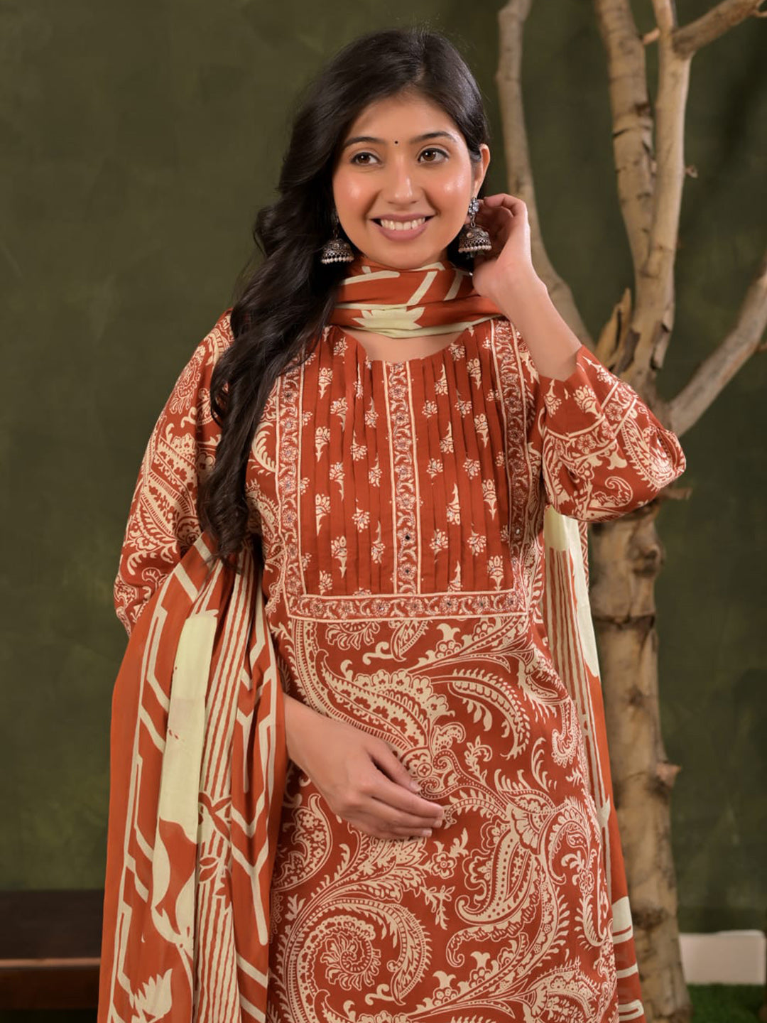 Red Embroidered Cotton Blend Straight Suit Set With Dupatta