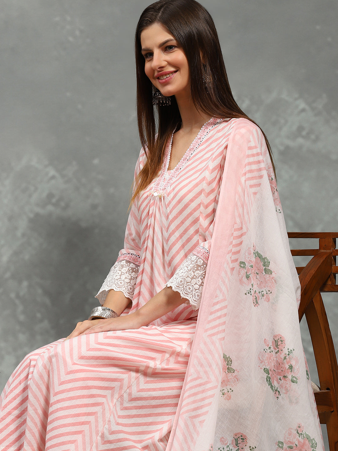 Printed Cotton Blend Kurta With Pants &amp; Dupatta