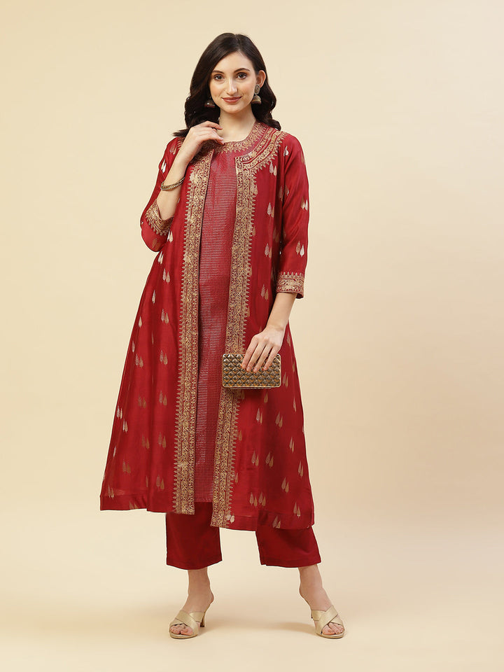 Embroidered Chanderi Kurti With Jacket And Pant