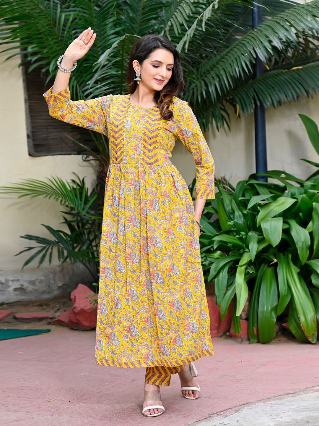 Floral Printed Cotton Kurta With Pants &amp; Dupatta