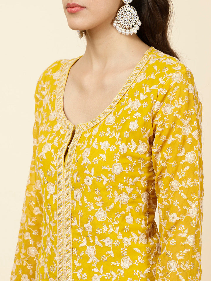 Embroidered Georgette Kurta With Skirt &amp; Dupatta