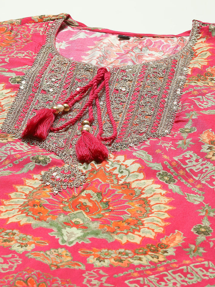 Floral Printed Cotton Kurta With Sharara &amp; Dupatta