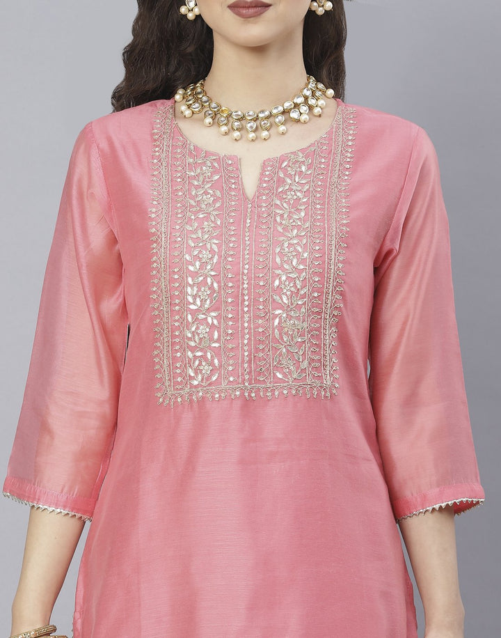 Peach Pink and Yellow Cotton Chanderi Salwar Kameez