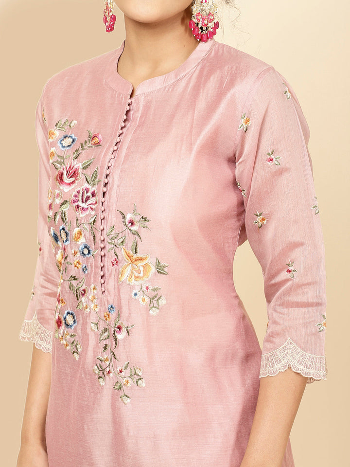 Floral Embroidered Chanderi Kurta With Pants &amp; Dupatta