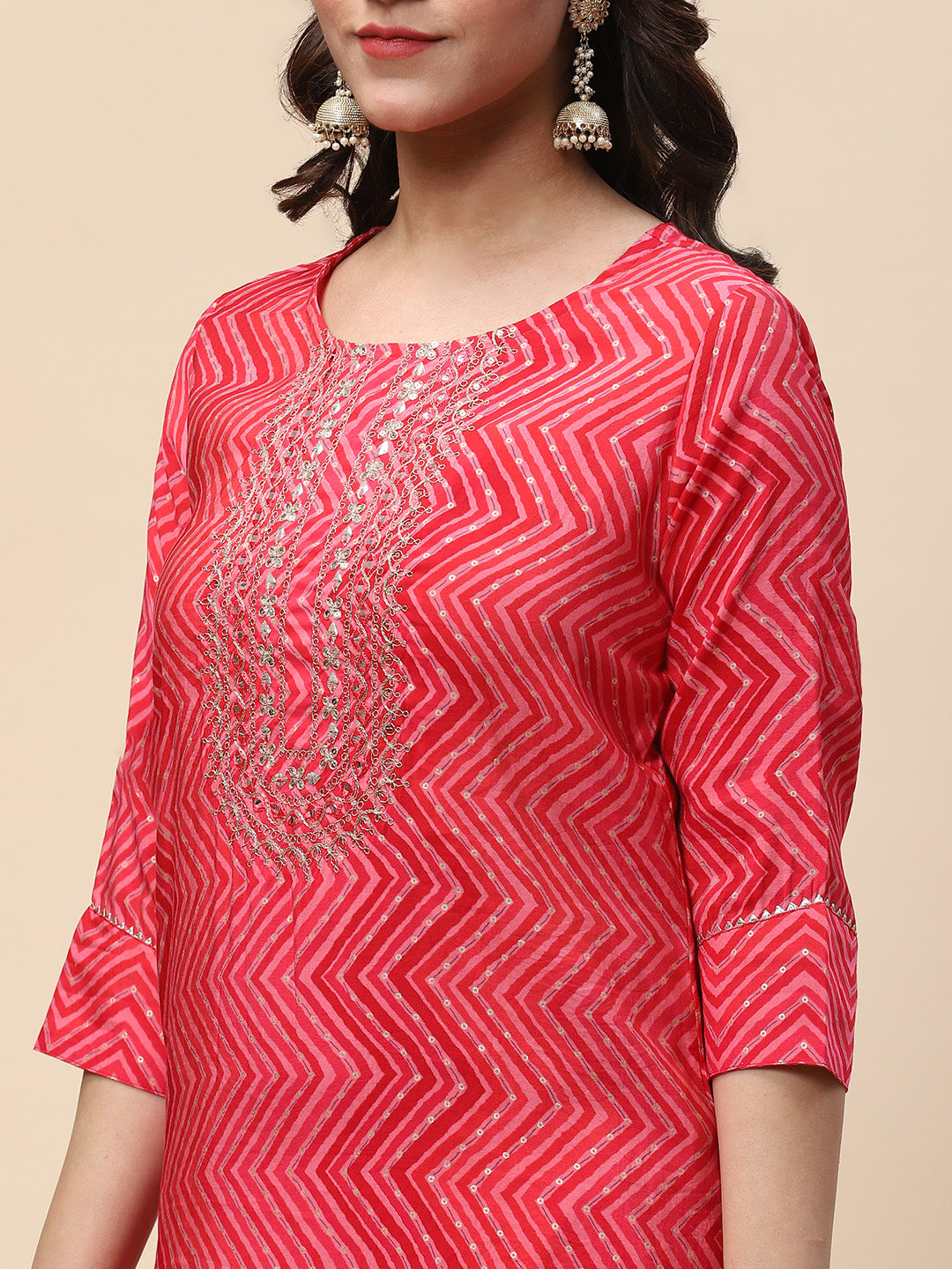 Printed &amp; Sequin Embroidered Muslin Kurta