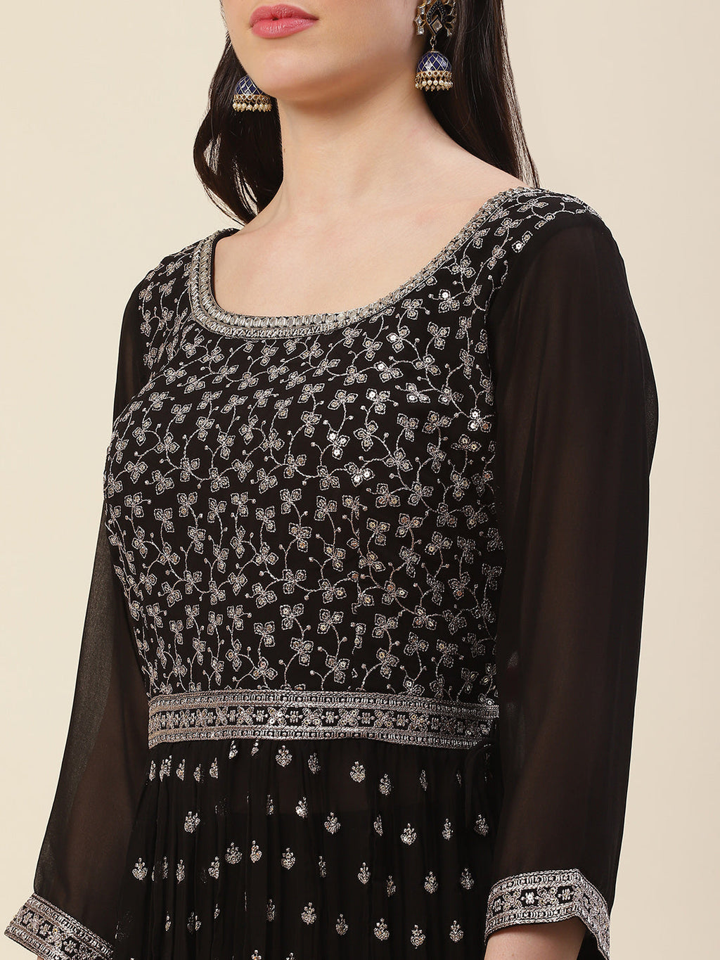 Zari Embroidered Georgette Kurta With Pants & Dupatta