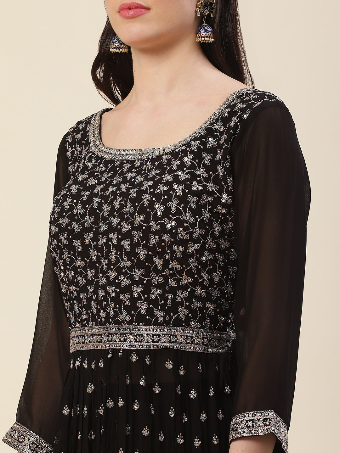 Zari Embroidered Georgette Kurta With Pants & Dupatta