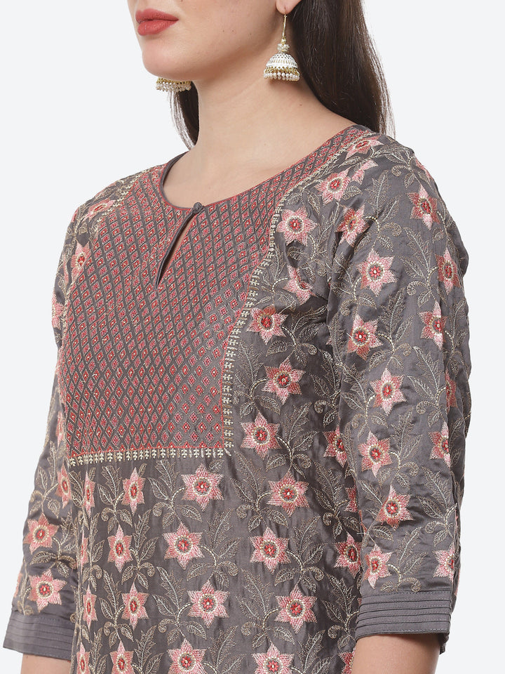 Printed Cotton Chanderi Kurti With Embroidered Chanderi Dupatta