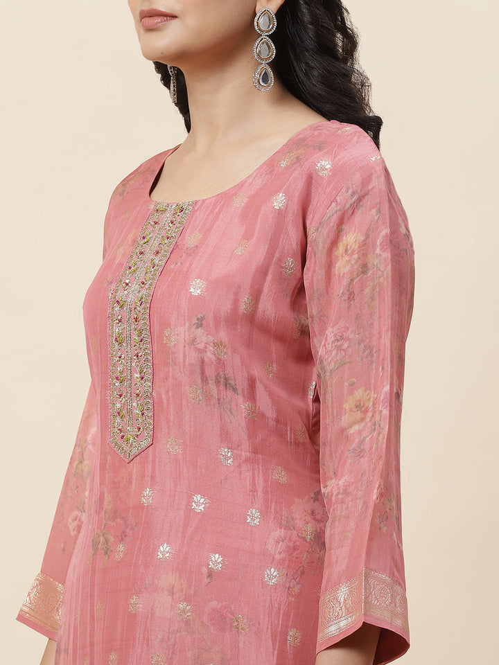 Floral Printed Organza Kurta With Pants &amp; Dupatta
