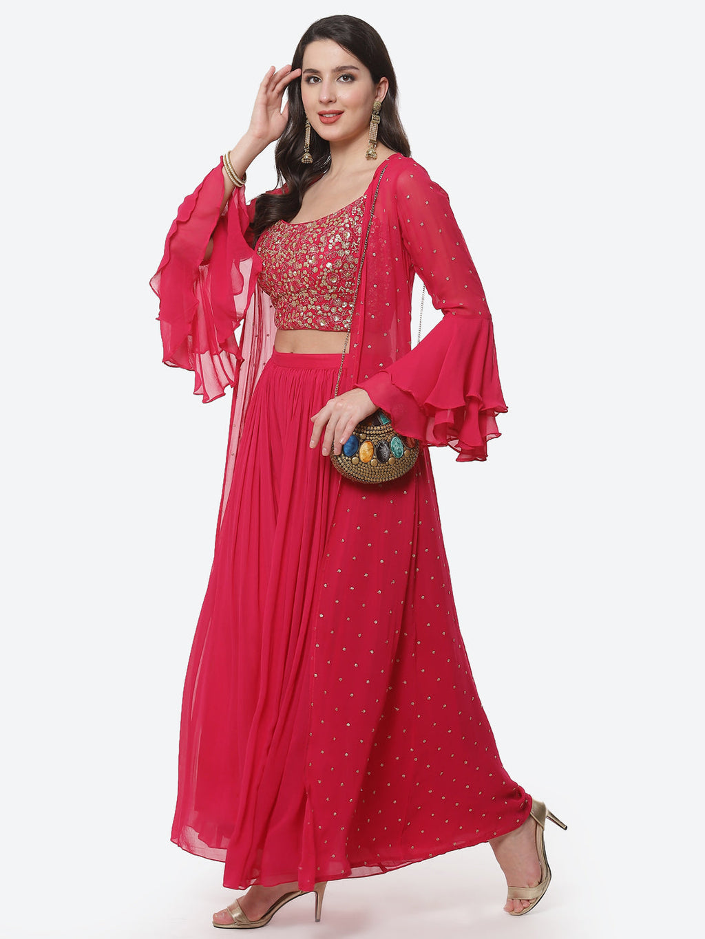 Embroidered Georgette Top With Pleated Palazzo & Jacket