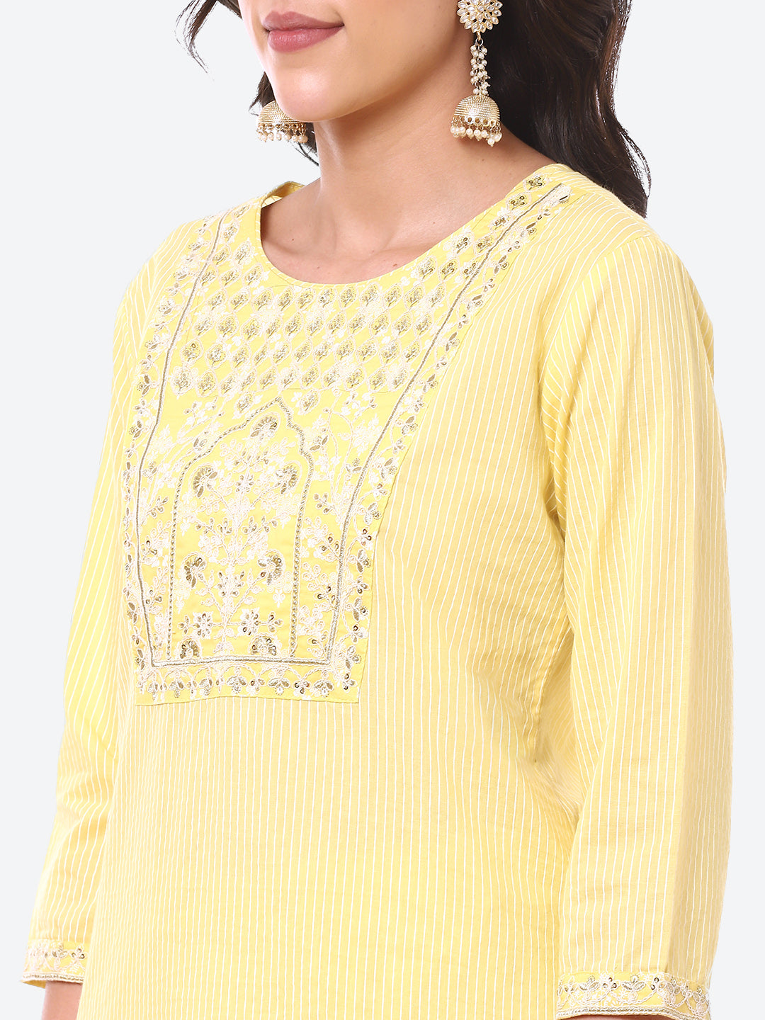 Zari Embroidered Yoke Printed Cotton Kurta With Pant