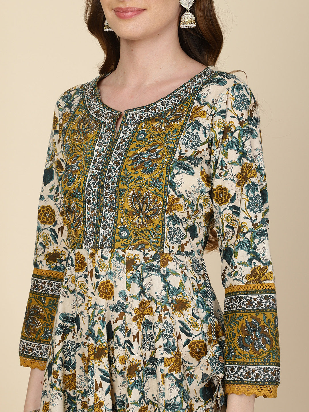 Floral Printed Cotton Kurta With Pants & Dupatta