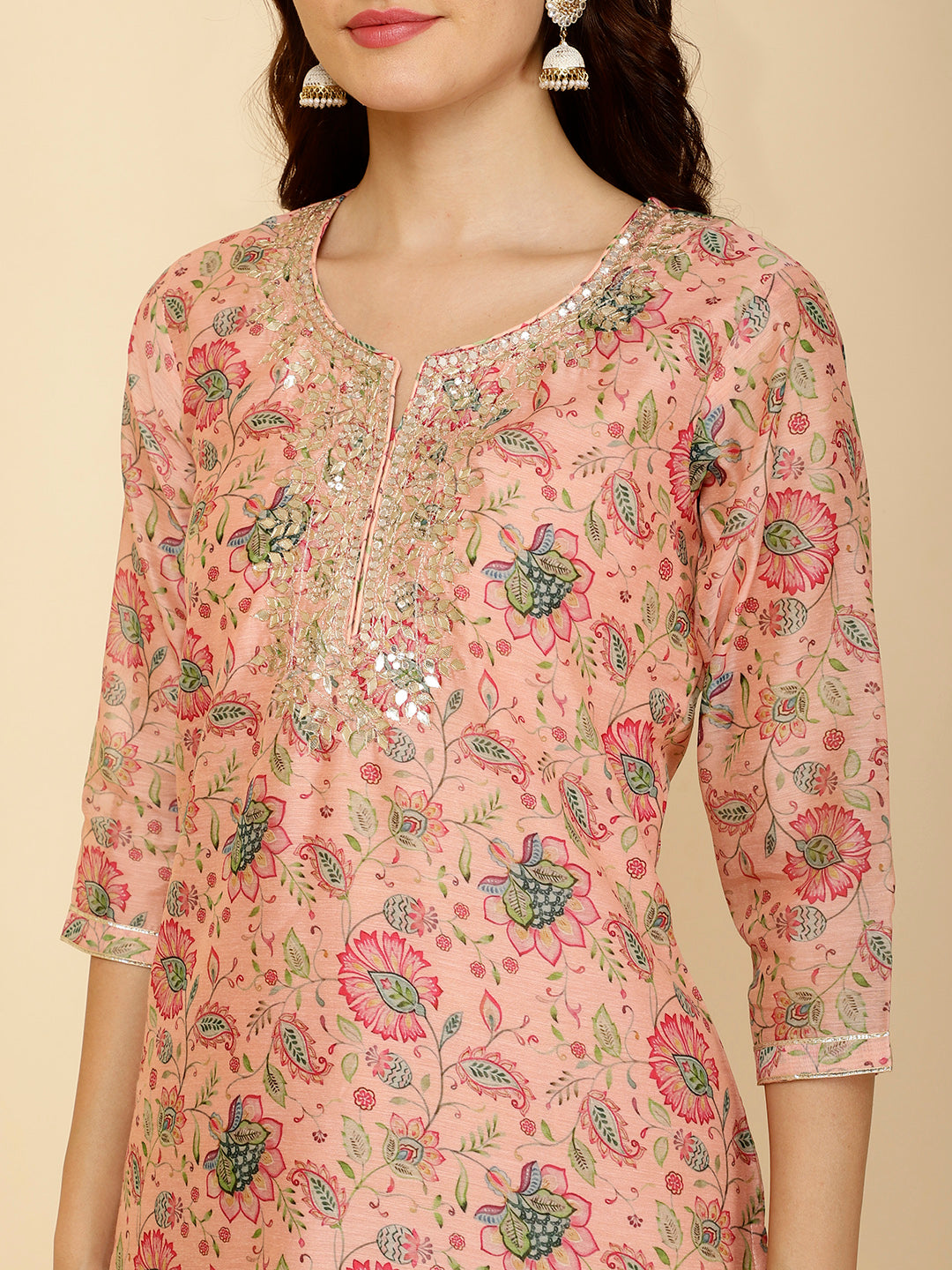 Floral Printed Chanderi Kurta With Pants & Dupatta