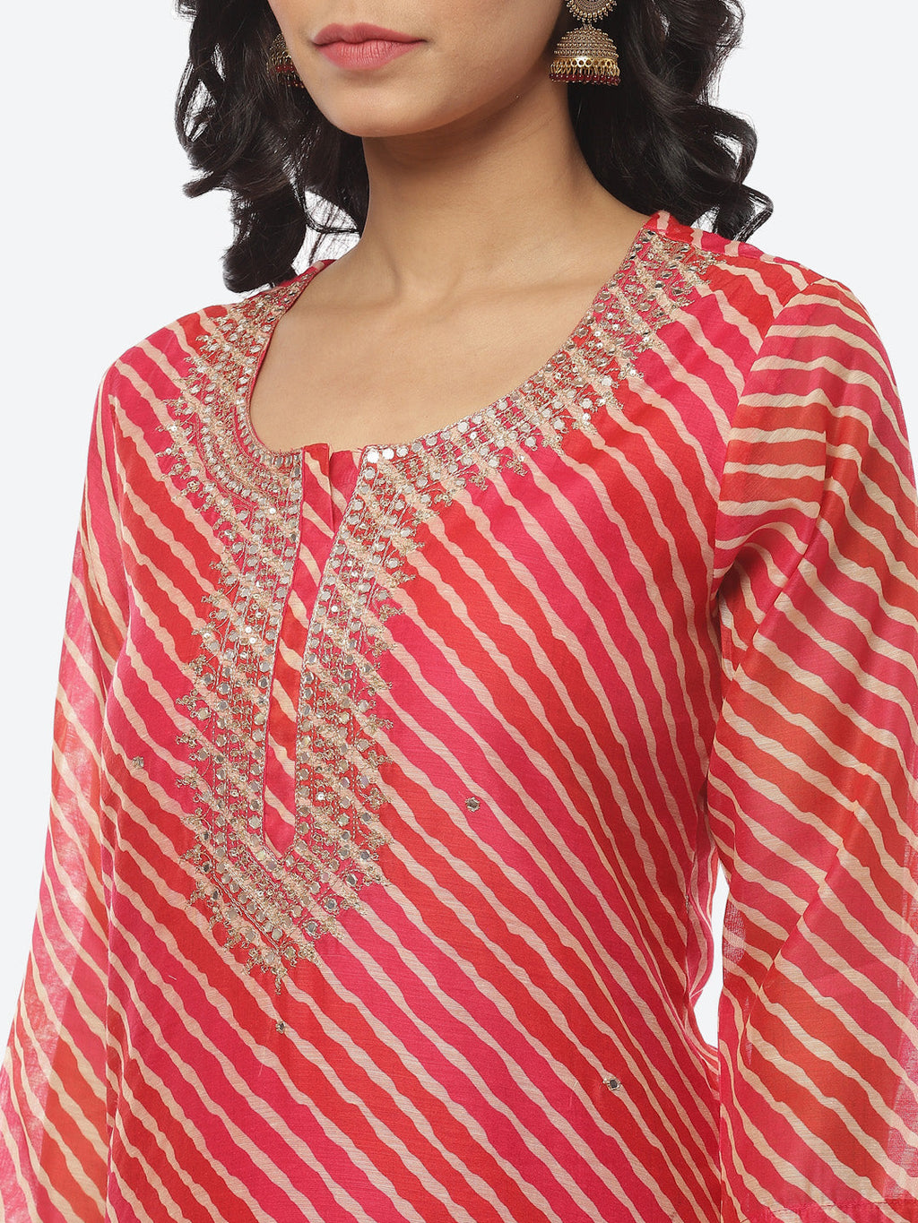 Printed Neck Embroidered Chanderi Kurti With Pant