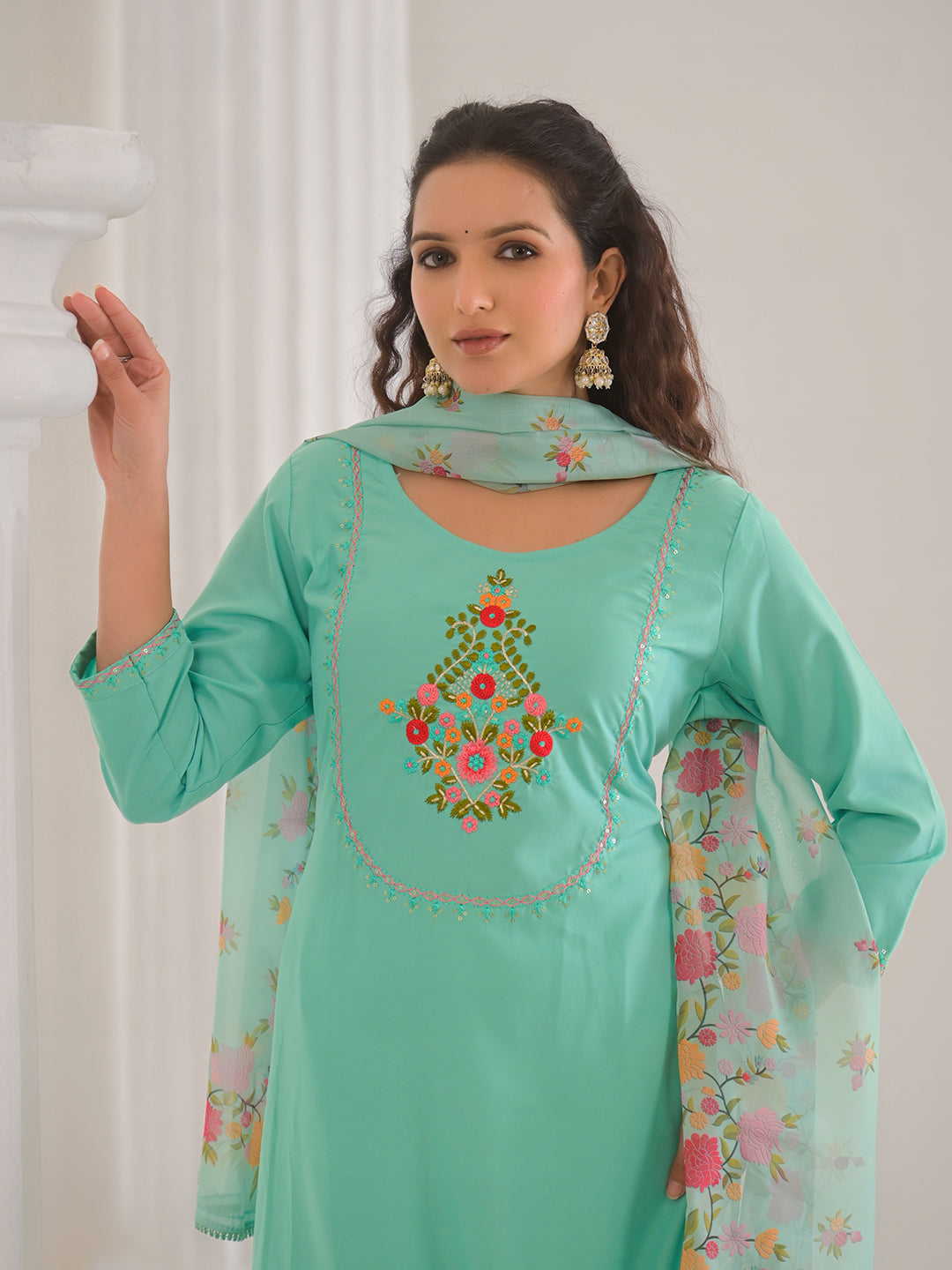 Neck Embroidery Cotton Blend Kurta With Pants &amp; Dupatta