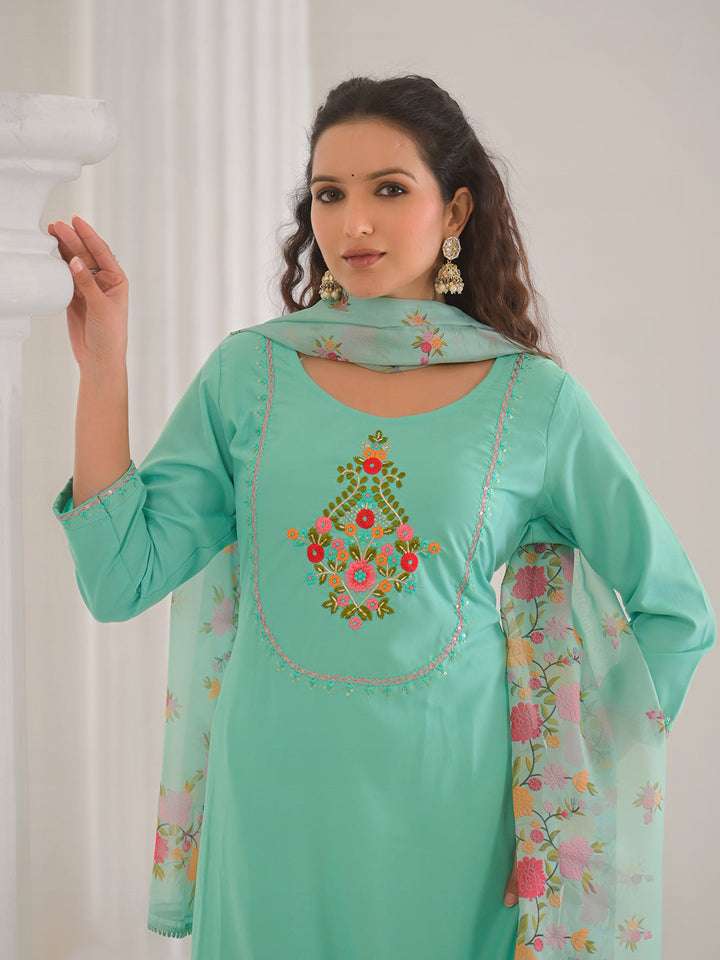 Neck Embroidery Cotton Blend Kurta With Pants &amp; Dupatta