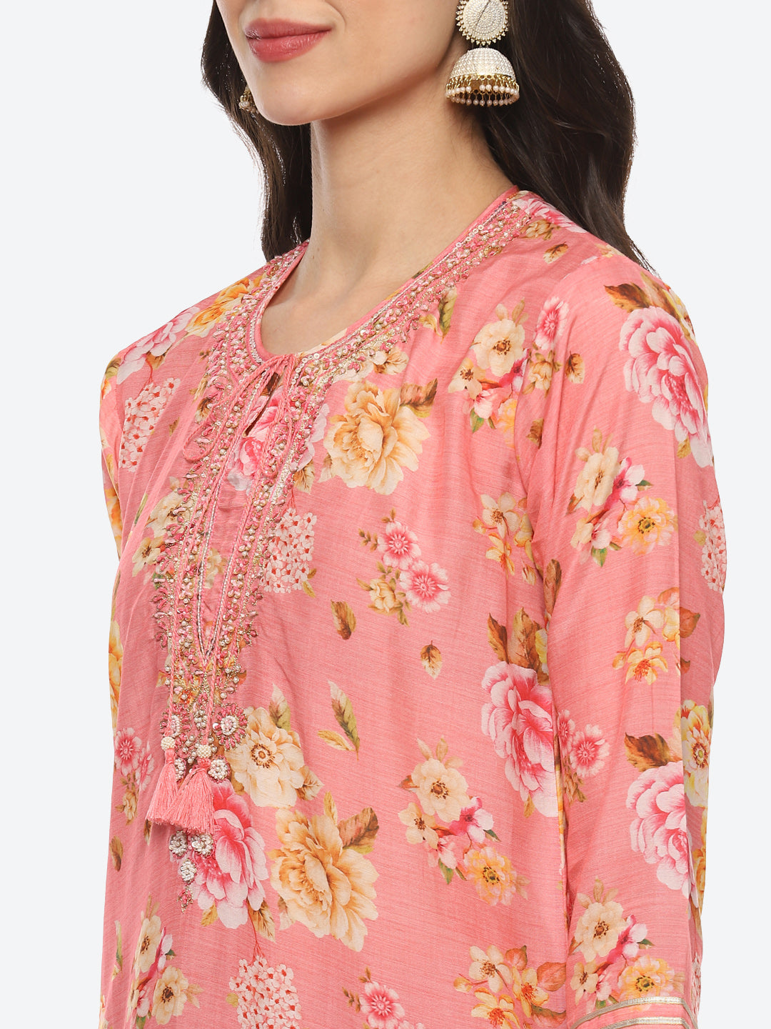 Sequin Work Yoke Printed Muslin Kurta