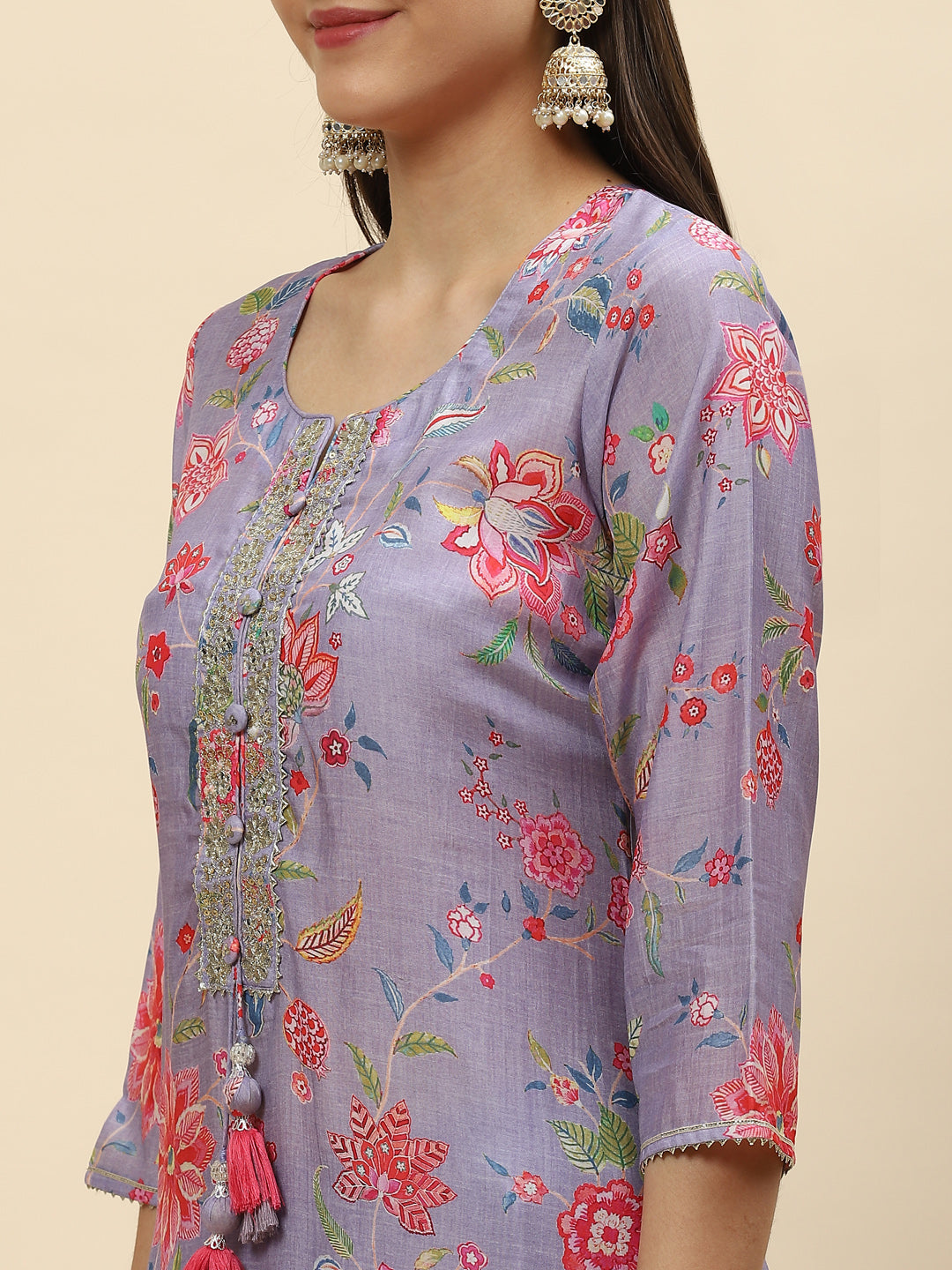 Neck Patti & Floral Printed Muslin Kurta With Pants