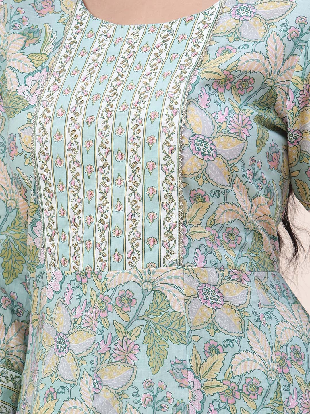 Floral Printed Cotton Kurta With Pants &amp; Dupatta