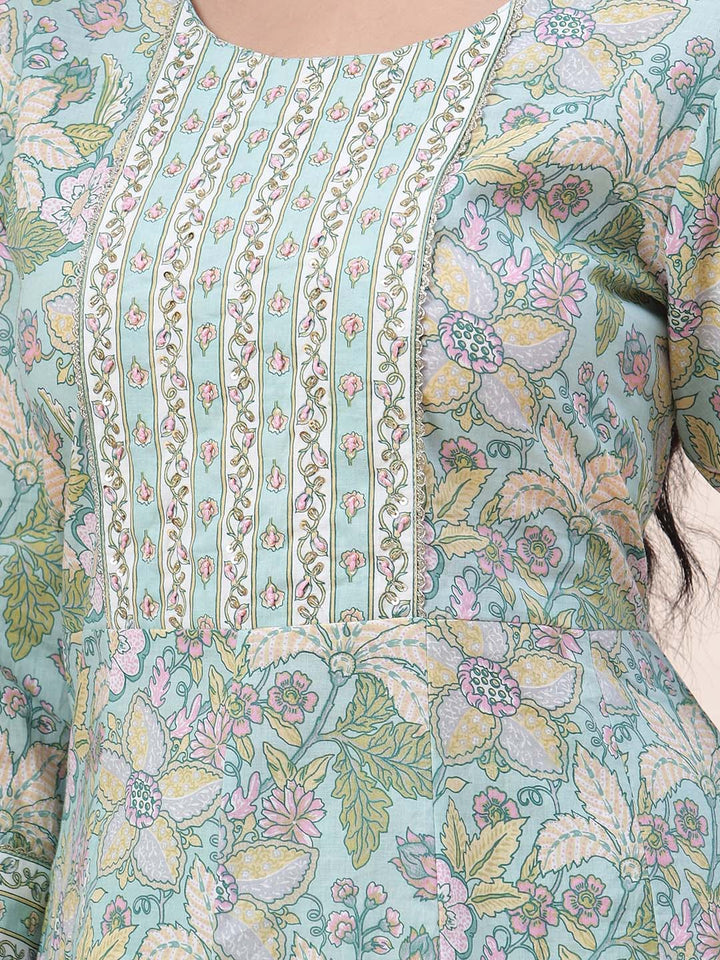Floral Printed Cotton Kurta With Pants &amp; Dupatta