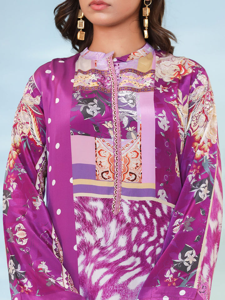 Purple Cotton Blend Printed Straight Suit Set