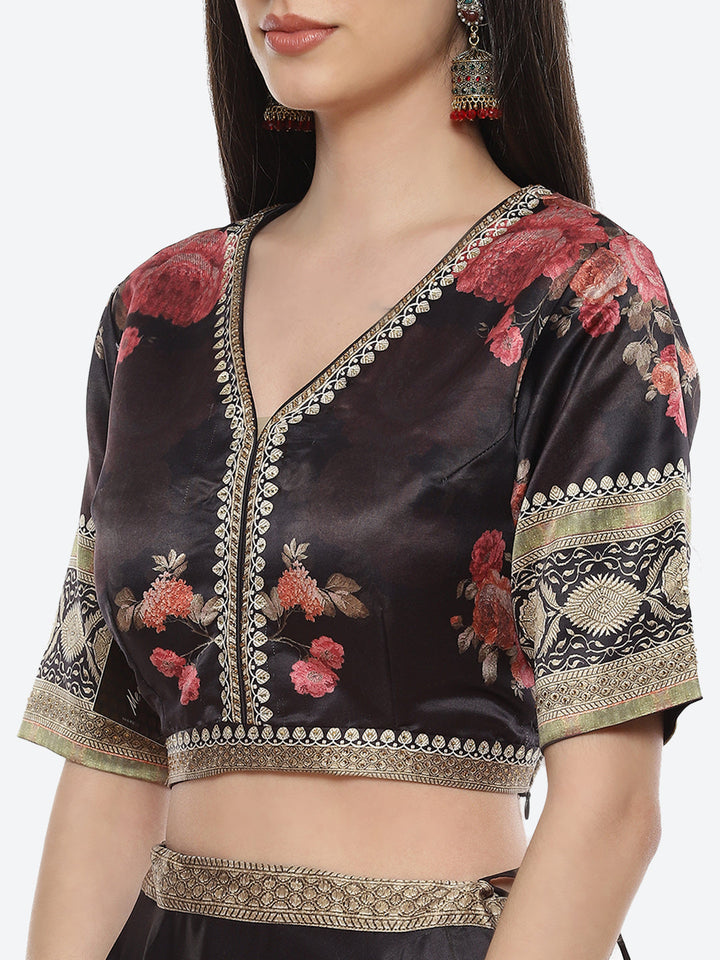 Floral Printed Satin Choli With Lehenga &amp; Net Dupatta
