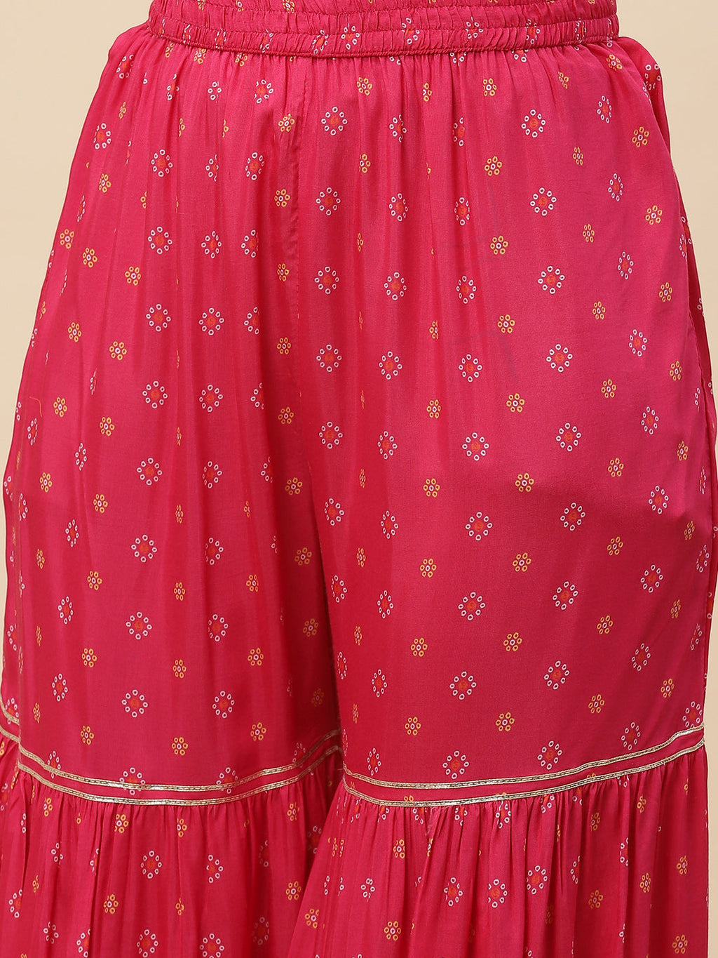 Bandhani Printed Muslin Kurta With Sharara & Dupatta