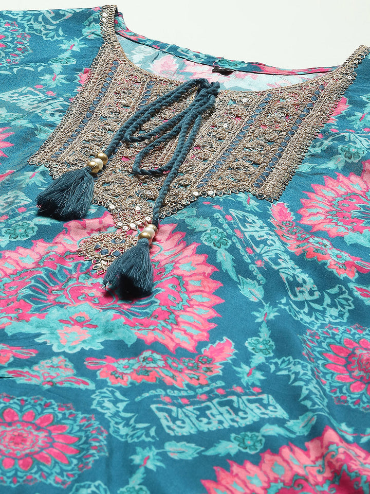 Floral Printed Cotton Kurta With Sharara &amp; Dupatta