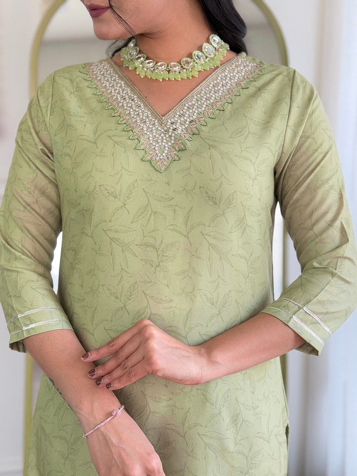 Printed Embroidery Cotton Blend Kurta With Pants &amp; Dupatta