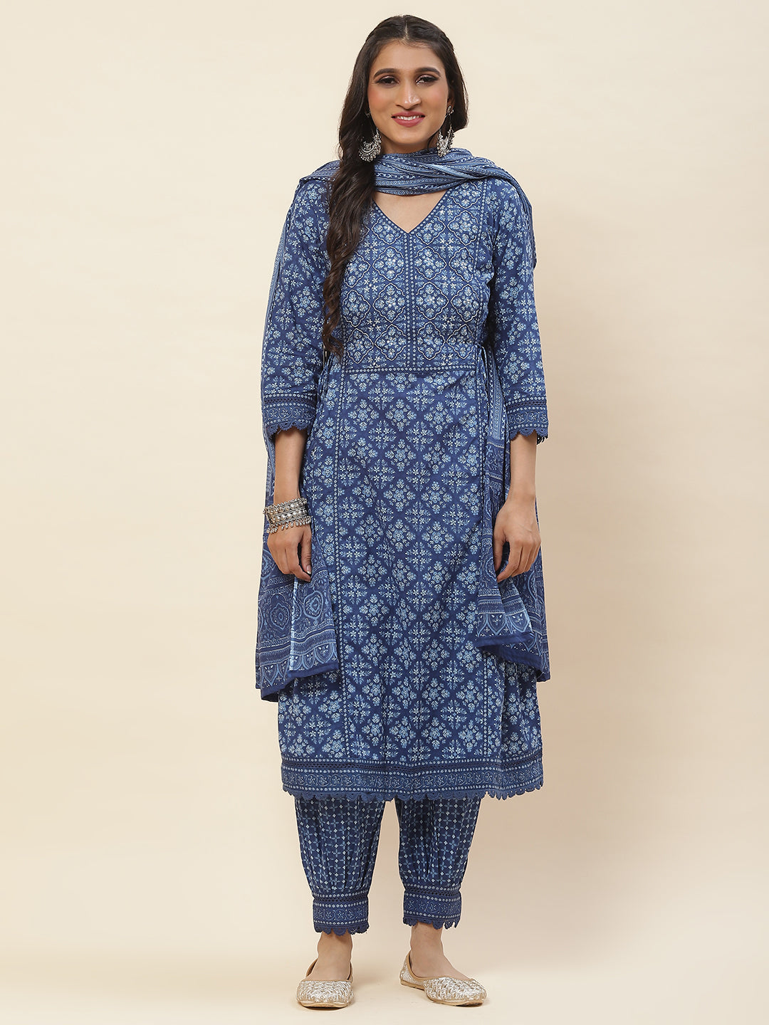 Printed Cotton Kurta With Pants &amp; Dupatta