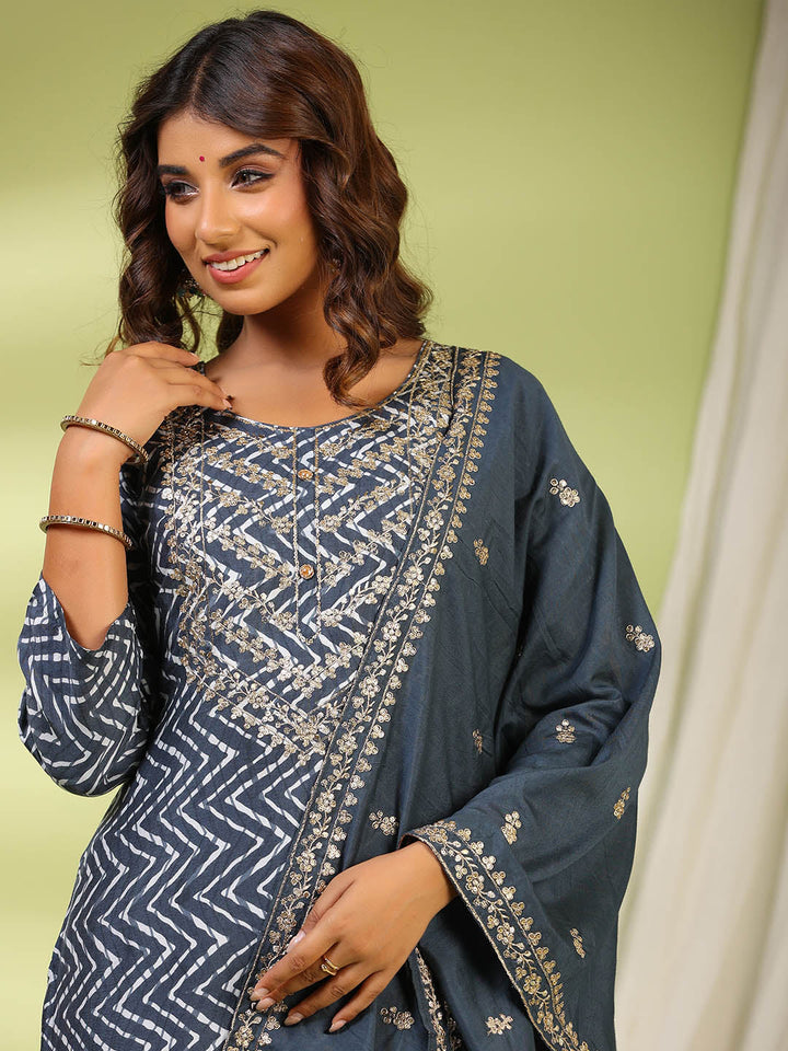 Printed Muslin Kurta With Pants &amp; Dupatta