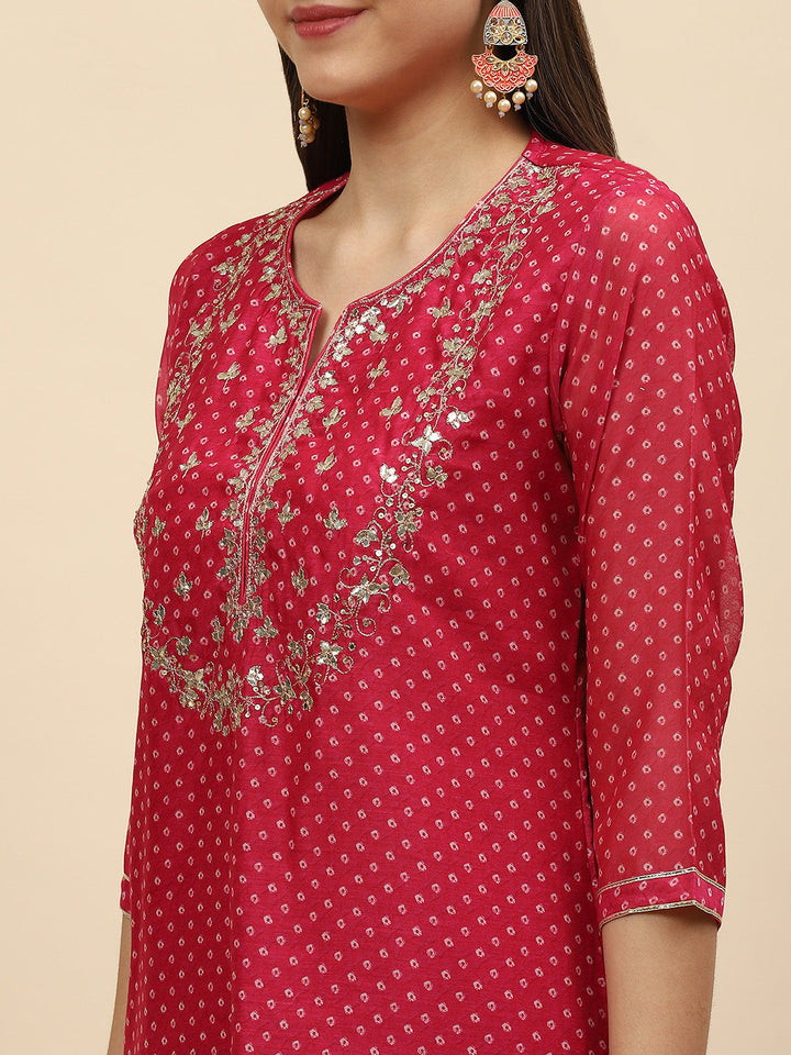 Gota Work &amp; Printed Chanderi Kurta With Pants